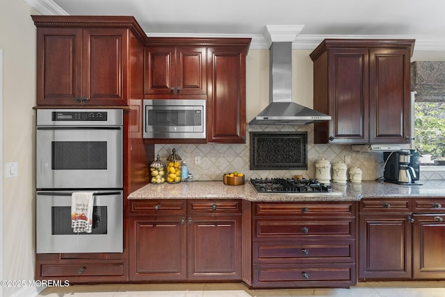 320 Sinclair Ct, Morganville, NJ 07751 - kitchen with stainless steel appliances, wall chimney range hood, reddish brown cabinets, ornamental molding, and decorative backsplash