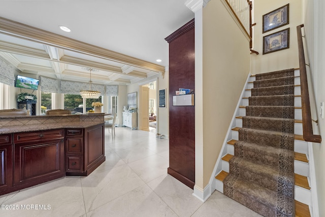 320 Sinclair Ct, Morganville, NJ 07751 - staircase featuring coffered ceiling, ornamental molding, a chandelier, beam ceiling, and recessed lighting