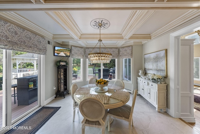 320 Sinclair Ct, Morganville, NJ 07751 - dining space featuring a chandelier, plenty of natural light, crown molding, a baseboard radiator, and coffered ceiling