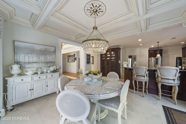 320 Sinclair Ct, Morganville, NJ 07751 - dining space with a chandelier, ornamental molding, recessed lighting, and coffered ceiling