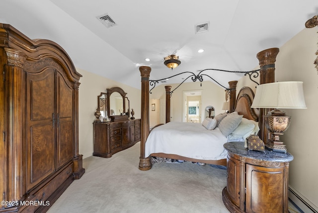 320 Sinclair Ct, Morganville, NJ 07751 - bedroom featuring a baseboard heating unit, vaulted ceiling, light carpet, and recessed lighting