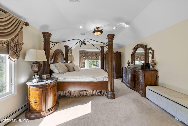 320 Sinclair Ct, Morganville, NJ 07751 - bedroom with a baseboard heating unit, light carpet, vaulted ceiling, and recessed lighting