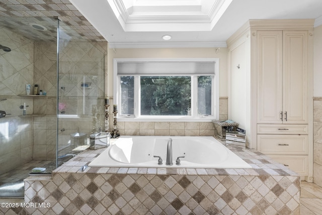 320 Sinclair Ct, Morganville, NJ 07751 - full bathroom featuring a whirlpool tub, crown molding, and a shower stall