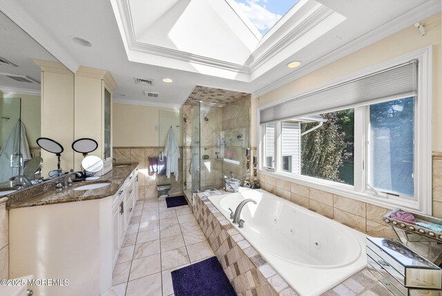 320 Sinclair Ct, Morganville, NJ 07751 - bathroom with a skylight, a whirlpool tub, vanity, a stall shower, and ornamental molding
