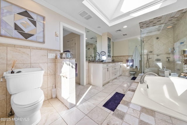 320 Sinclair Ct, Morganville, NJ 07751 - full bathroom with tile walls, vanity, a bath, tiled shower, and ornamental molding