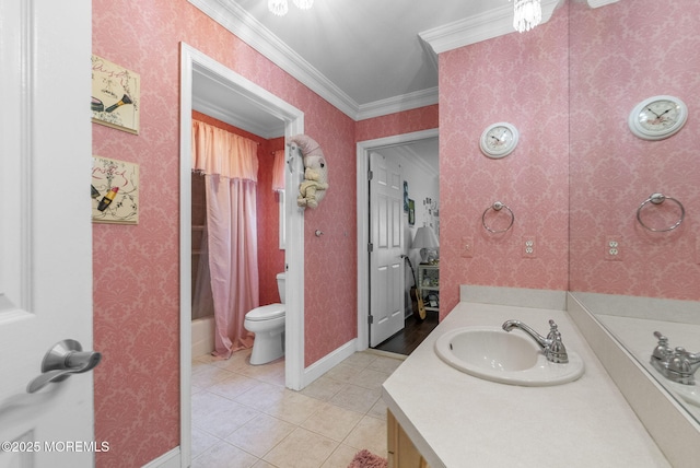 320 Sinclair Ct, Morganville, NJ 07751 - bathroom with vanity, ornamental molding, tile patterned flooring, and shower / tub combo with curtain