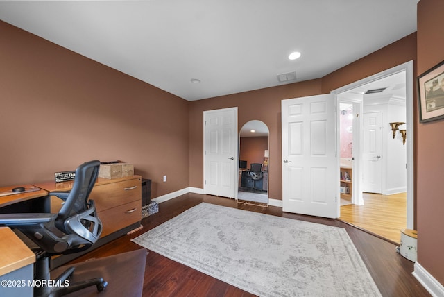 320 Sinclair Ct, Morganville, NJ 07751 - office area featuring dark wood-style flooring, recessed lighting, and arched walkways