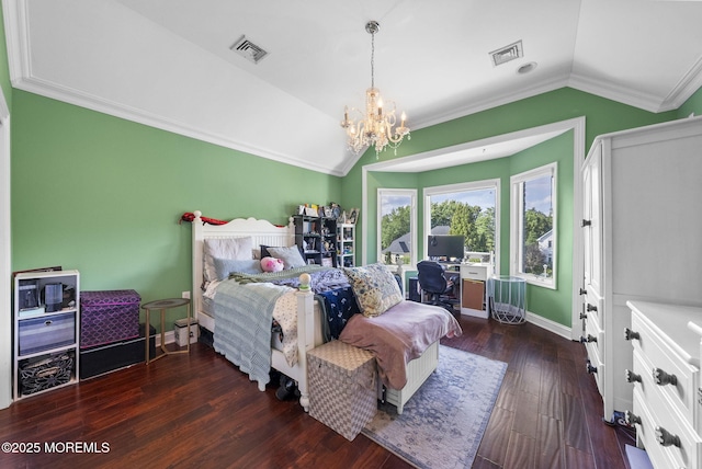 320 Sinclair Ct, Morganville, NJ 07751 - bedroom featuring vaulted ceiling, a chandelier, dark wood-style floors, crown molding, and a desk