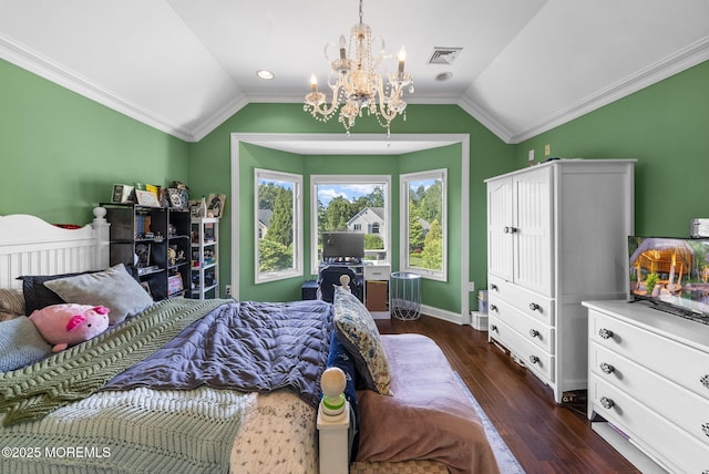320 Sinclair Ct, Morganville, NJ 07751 - bedroom featuring lofted ceiling, a chandelier, crown molding, and dark wood-style floors