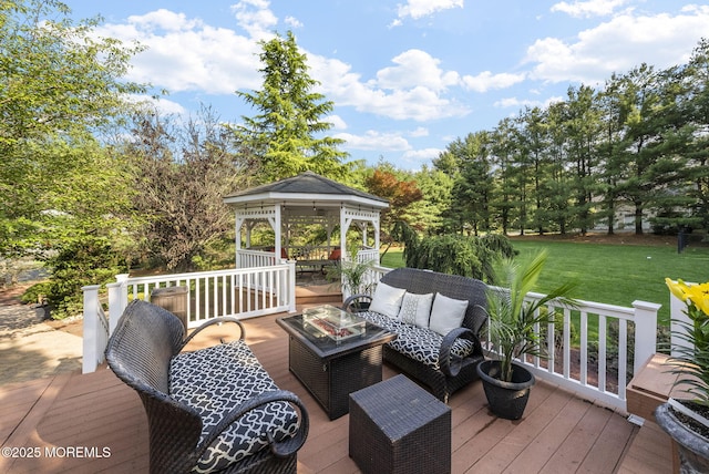 320 Sinclair Ct, Morganville, NJ 07751 - wooden deck with a gazebo, an outdoor hangout area, a lawn, and view of wooded area