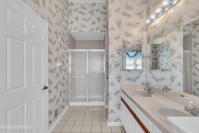 18 Stewart Ct, Jackson, NJ 08527 - full bath with wallpapered walls, double vanity, a shower stall, and tile patterned floors