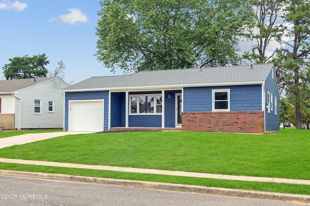 134 Northumberland Dr, Toms River, NJ 08757 - ranch-style home featuring a garage, driveway, a front lawn, brick siding, and roof with shingles
