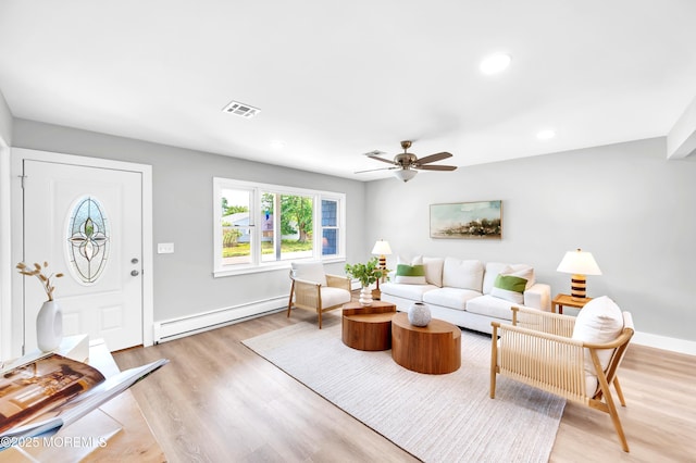 134 Northumberland Dr, Toms River, NJ 08757 - living room with baseboard heating, ceiling fan, light wood-type flooring, and recessed lighting