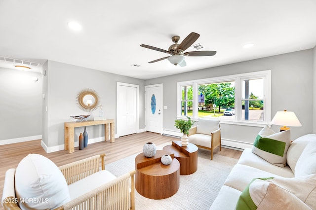 134 Northumberland Dr, Toms River, NJ 08757 - living area featuring a baseboard radiator, light wood-style floors, ceiling fan, and recessed lighting