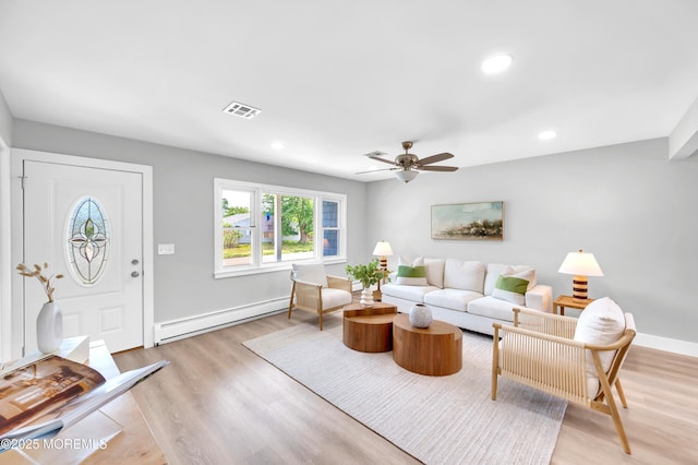 134 Northumberland Dr, Toms River, NJ 08757 - living area featuring baseboard heating, a ceiling fan, light wood-style floors, and recessed lighting