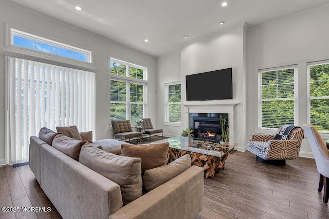 2 Foulks Ter, Lincroft, NJ 07738 - living room featuring crown molding, wood-type flooring, a glass covered fireplace, recessed lighting, and a high ceiling