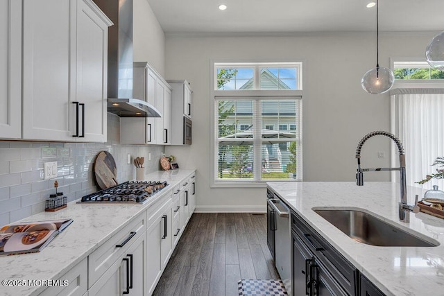 2 Foulks Ter, Lincroft, NJ 07738 - kitchen with stainless steel appliances, wall chimney range hood, white cabinets, tasteful backsplash, and dark wood-type flooring