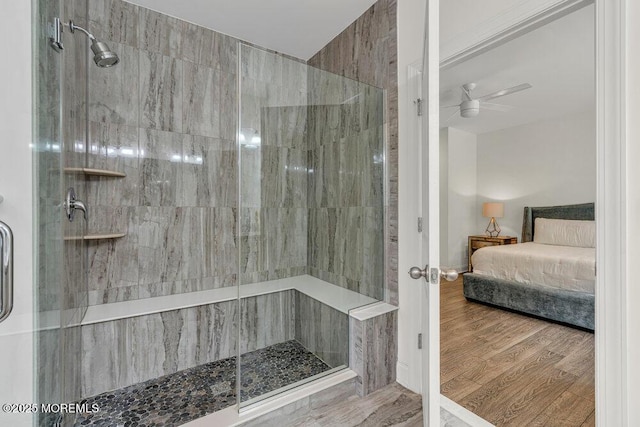 2 Foulks Ter, Lincroft, NJ 07738 - ensuite bathroom featuring a shower stall, wood finished floors, and ceiling fan
