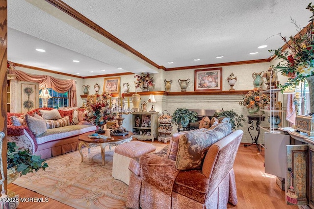 523 Pheasant Ln, Toms River, NJ 08753 - living area featuring a textured ceiling, ornamental molding, wood finished floors, and recessed lighting