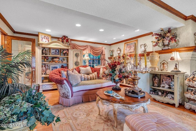523 Pheasant Ln, Toms River, NJ 08753 - living room featuring a textured ceiling, wood finished floors, ornamental molding, and recessed lighting