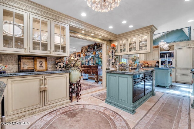 523 Pheasant Ln, Toms River, NJ 08753 - bar featuring a chandelier, recessed lighting, black oven, crown molding, and built in microwave