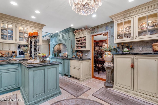 523 Pheasant Ln, Toms River, NJ 08753 - kitchen with cream cabinetry, recessed lighting, backsplash, and a chandelier