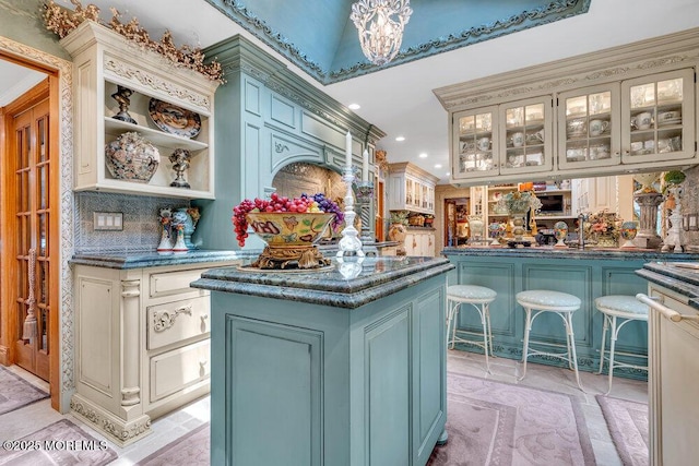 523 Pheasant Ln, Toms River, NJ 08753 - bar area featuring recessed lighting, tasteful backsplash, and a chandelier