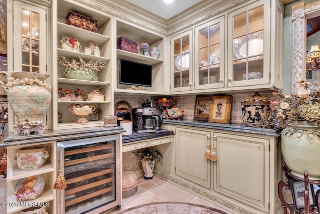 523 Pheasant Ln, Toms River, NJ 08753 - bar area featuring wine cooler, crown molding, and tasteful backsplash