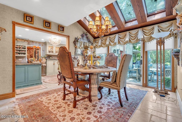 523 Pheasant Ln, Toms River, NJ 08753 - dining room featuring a chandelier, wallpapered walls, stone tile floors, healthy amount of natural light, and recessed lighting