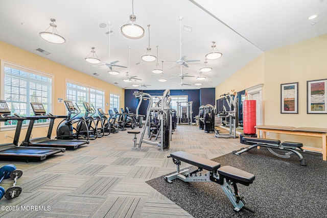 161 Arborridge Dr, Forked River, NJ 08731 - gym featuring light carpet and a ceiling fan