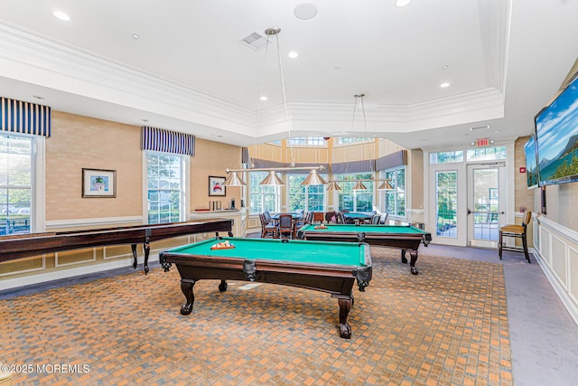 161 Arborridge Dr, Forked River, NJ 08731 - playroom featuring a raised ceiling, carpet floors, crown molding, billiards, and recessed lighting
