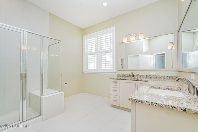 161 Arborridge Dr, Forked River, NJ 08731 - bathroom with vanity, a shower stall, tile patterned flooring, and recessed lighting