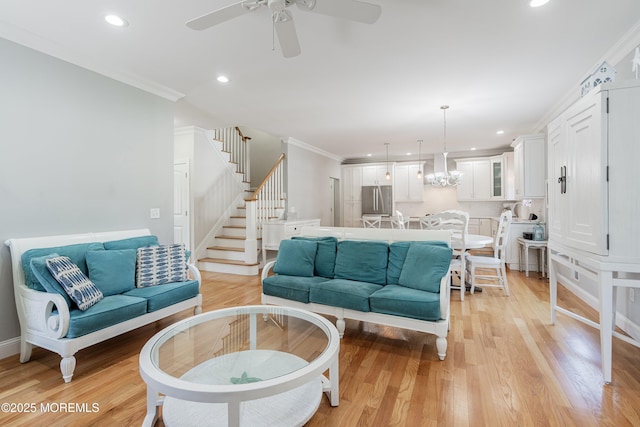 309 Hall Ave, Point Pleasant, NJ 08742 - living area with ornamental molding, recessed lighting, stairs, a ceiling fan, and light wood finished floors
