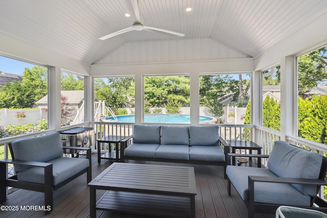 309 Hall Ave, Point Pleasant, NJ 08742 - sunroom / solarium with an outdoor hangout area, vaulted ceiling, ceiling fan, and healthy amount of natural light