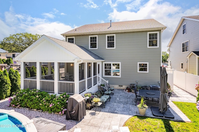 309 Hall Ave, Point Pleasant, NJ 08742 - rear view of house featuring a sunroom, a patio, roof with shingles, and crawl space