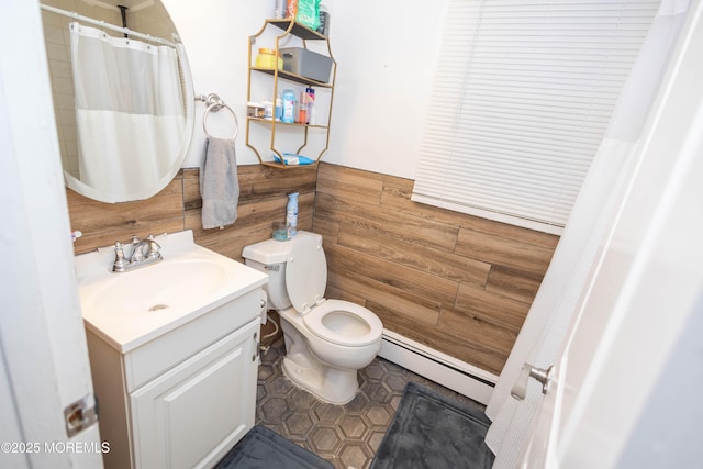 364 Westwood Ave Unit 46, Long Branch, NJ 07740 - full bathroom with a baseboard heating unit, vanity, and a shower with shower curtain