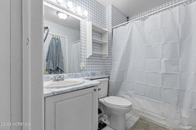 129 Tudor Ct, Lakewood, NJ 08701 - bathroom featuring vanity, wallpapered walls, a shower with curtain, and tile patterned floors