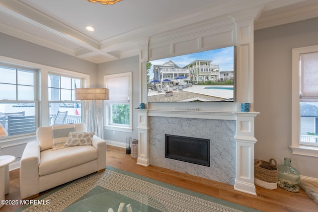 2029 Bay Blvd, Ortley Beach, NJ 08751 - living room with wood finished floors, crown molding, a fireplace, and recessed lighting