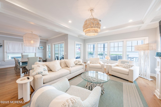 2029 Bay Blvd, Ortley Beach, NJ 08751 - living room featuring crown molding, a chandelier, plenty of natural light, wood finished floors, and recessed lighting
