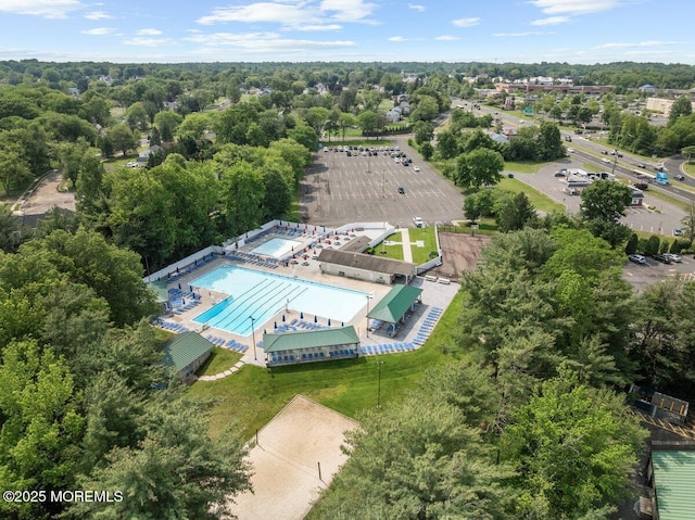 10 Patterson Ln, Manalapan, NJ 07726 - drone / aerial view of a pool area and a tree filled landscape