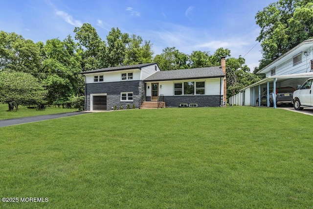 1528 Stuyvesant Ave, Ewing, NJ 08618 - tri-level home with a chimney, asphalt driveway, a front lawn, an attached garage, and stone siding