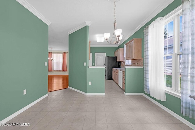 29 Goldenedge Way, Lakewood, NJ 08701 - kitchen with a chandelier, freestanding refrigerator, plenty of natural light, and crown molding
