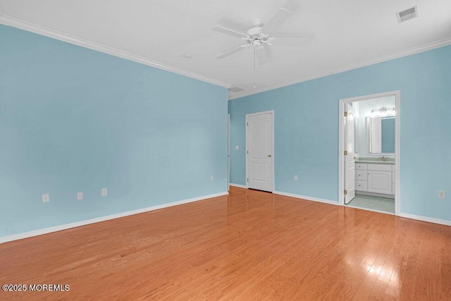 29 Goldenedge Way, Lakewood, NJ 08701 - unfurnished bedroom featuring ornamental molding, wood finished floors, connected bathroom, and a ceiling fan