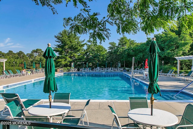 29 Goldenedge Way, Lakewood, NJ 08701 - community pool featuring a patio area and view of wooded area