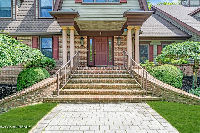 8 Old Dutch Rd, Warren, NJ 07059 - property entrance featuring brick siding and roof with shingles