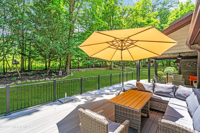 8 Old Dutch Rd, Warren, NJ 07059 - wooden deck with an outdoor living space, a yard, a ceiling fan, and view of scattered trees