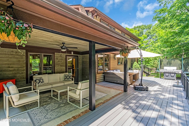 8 Old Dutch Rd, Warren, NJ 07059 - wooden terrace with an outdoor hangout area, ceiling fan, and grilling area