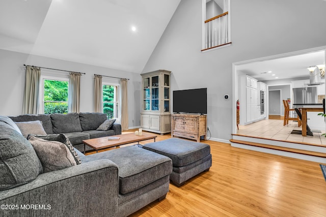 8 Old Dutch Rd, Warren, NJ 07059 - living room featuring high vaulted ceiling, light wood finished floors, and recessed lighting
