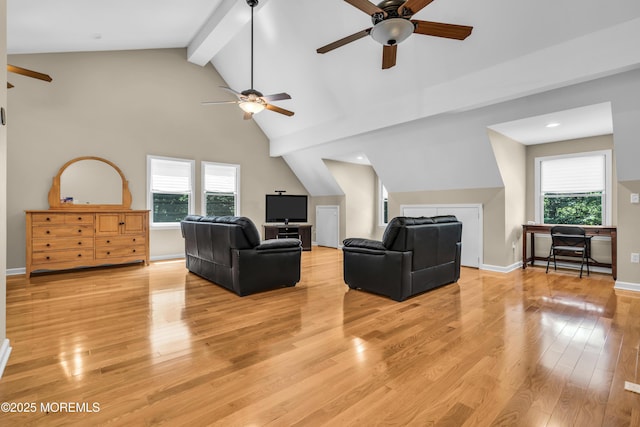 8 Old Dutch Rd, Warren, NJ 07059 - living area with ceiling fan, light wood-type flooring, beamed ceiling, healthy amount of natural light, and high vaulted ceiling
