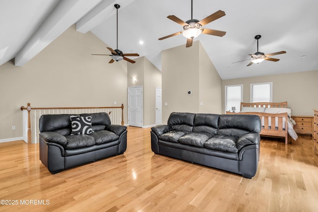 8 Old Dutch Rd, Warren, NJ 07059 - living room featuring ceiling fan, light wood-type flooring, high vaulted ceiling, and beamed ceiling